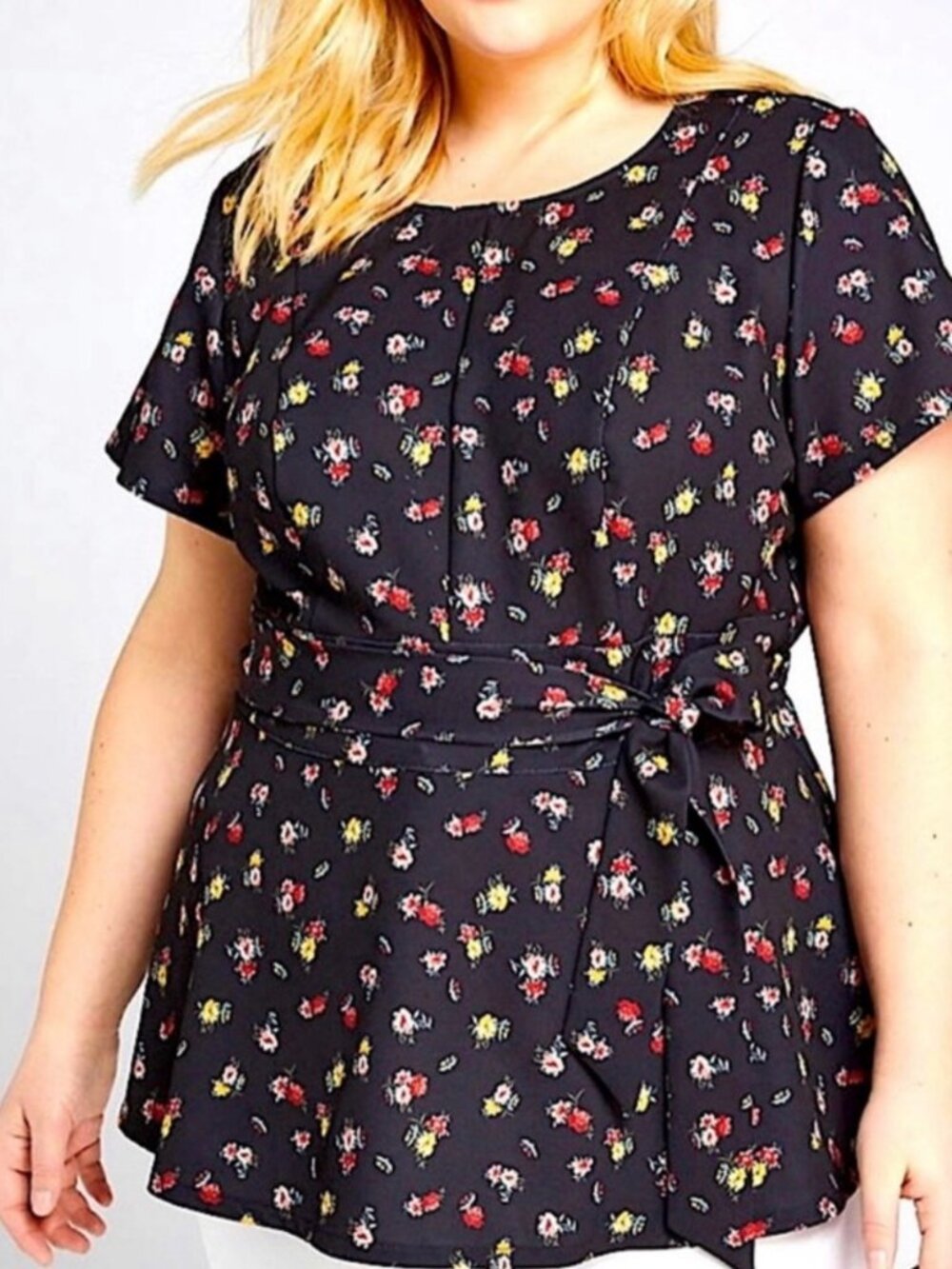 Lane Bryant 22 XXL black dainty floral fitted Lena peplum ruffle waist tie
